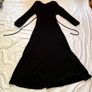 Long  Black 100% wool jersey low back dress with tie Halloween Perfect